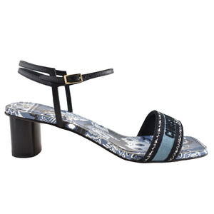 Dior Bandana Embroidered Black Blue Dway Heeled Sandal Strap Low Heel Pump 40